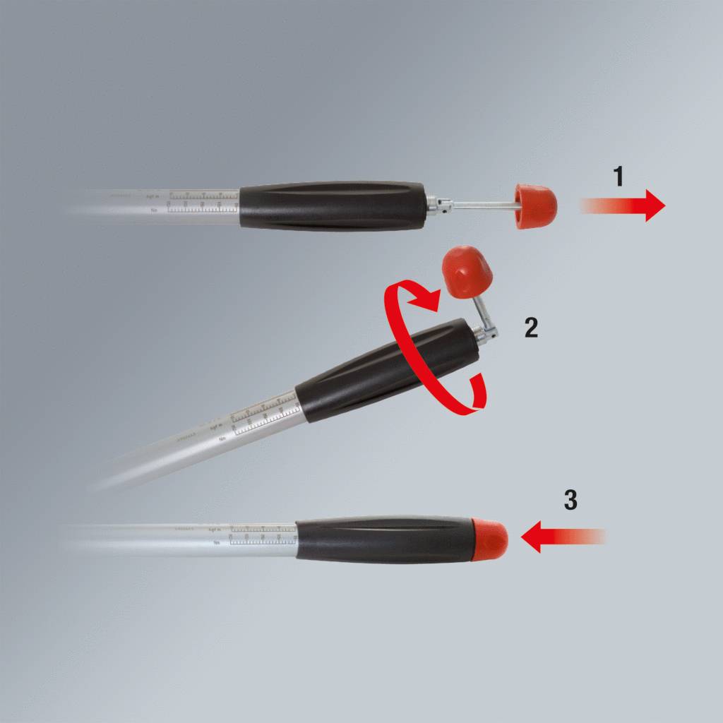 Ein Messstab zeigt drei Schritte: 1. Kappe abziehen, 2. Drehen, 3. Kappe aufsetzen.