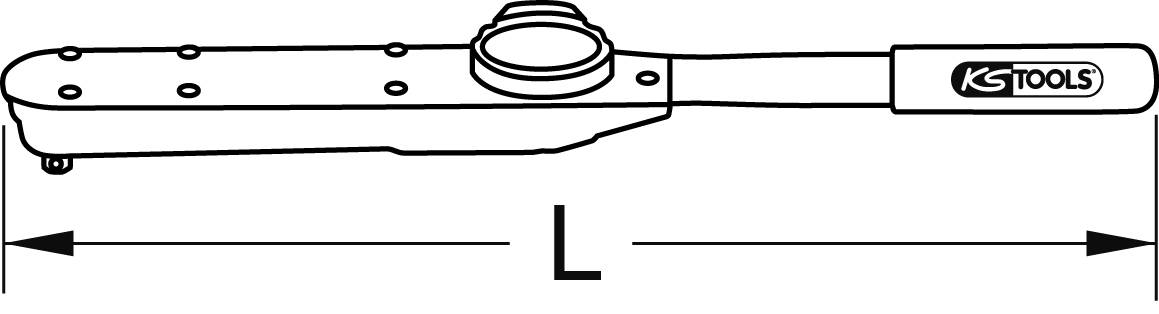 Abbildung einer Knarre (Ratsche) mit Hebelmechanismus und 'KS Tools'-Logo auf dem Griff. Die Länge ist mit 'L' markiert.