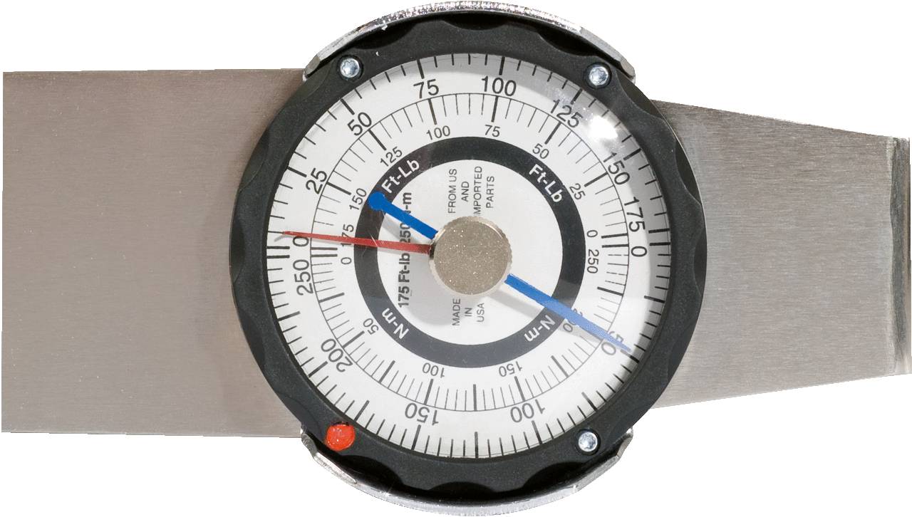 Manometer zeigt Druck in zwei Einheiten an: 50 PSI und 375 kPa. Hauptzeiger in Blau, sekundärer roter Zeiger als Referenzpunkt.