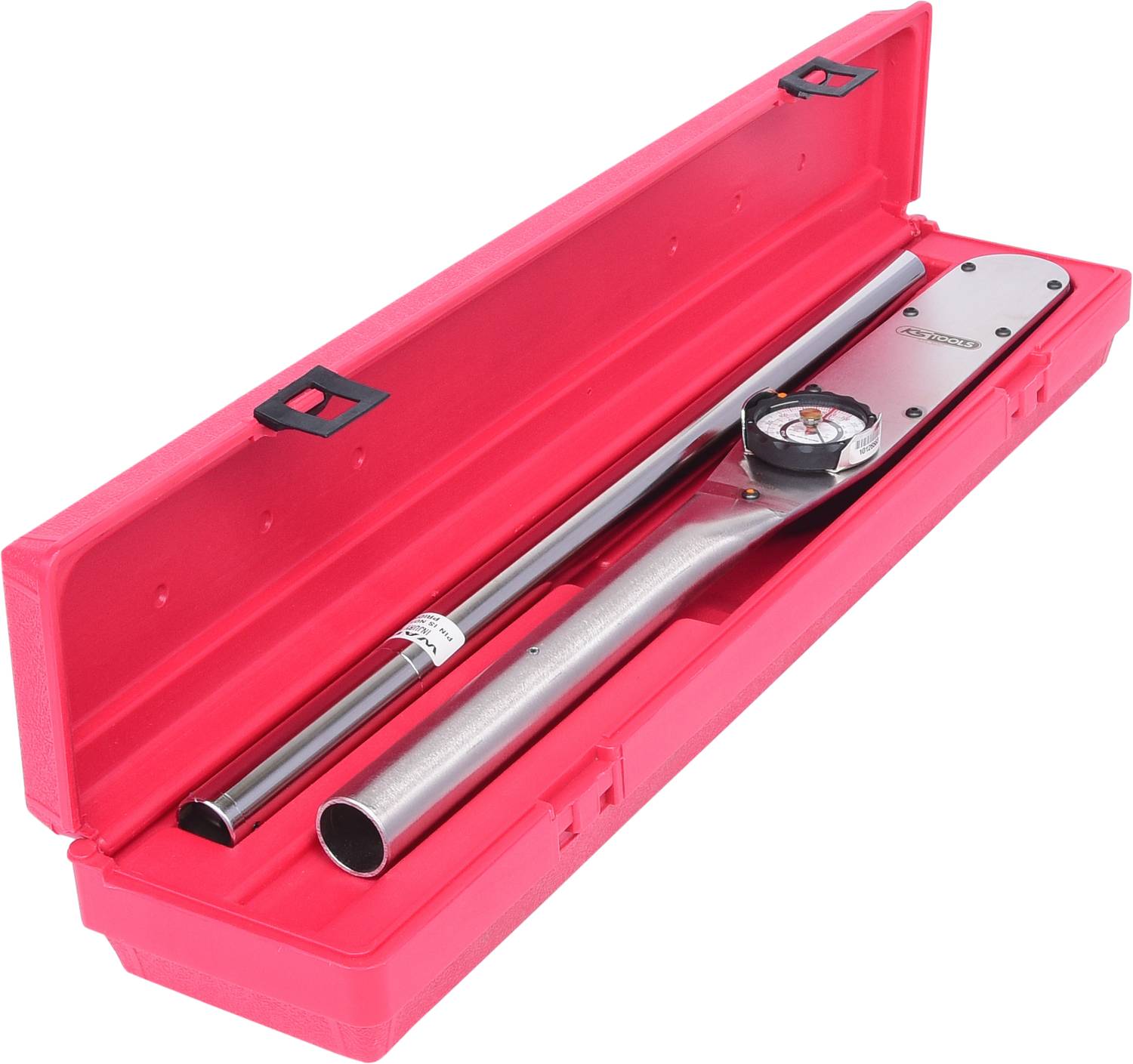 Drehmomentschlüssel in einem roten Kunststoffetui, ideal für präzises Anziehen von Schrauben in Automechanik oder Maschinenbau.