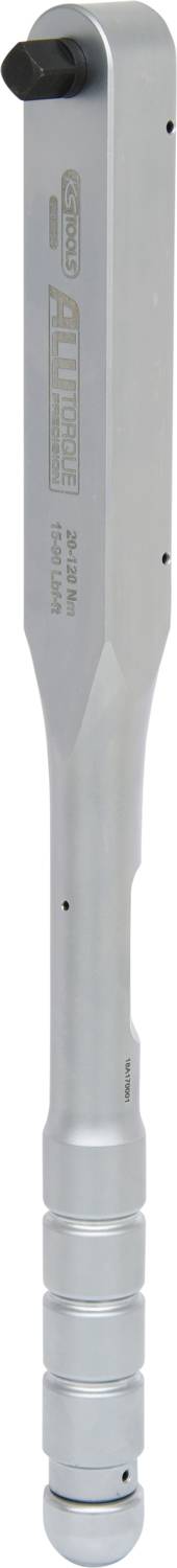 Ein silberner Drehmomentschlüssel mit einem geriffelten Griff und einer Messskala auf der Seite, zur präzisen Anzugskontrolle.