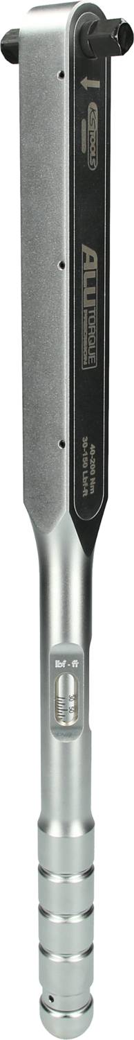 Ein silberfarbener Drehmomentschlüssel mit digitaler Anzeige und einem Griff mit schwarzen Akzenten, verwendet für präzises Anziehen von Schrauben.