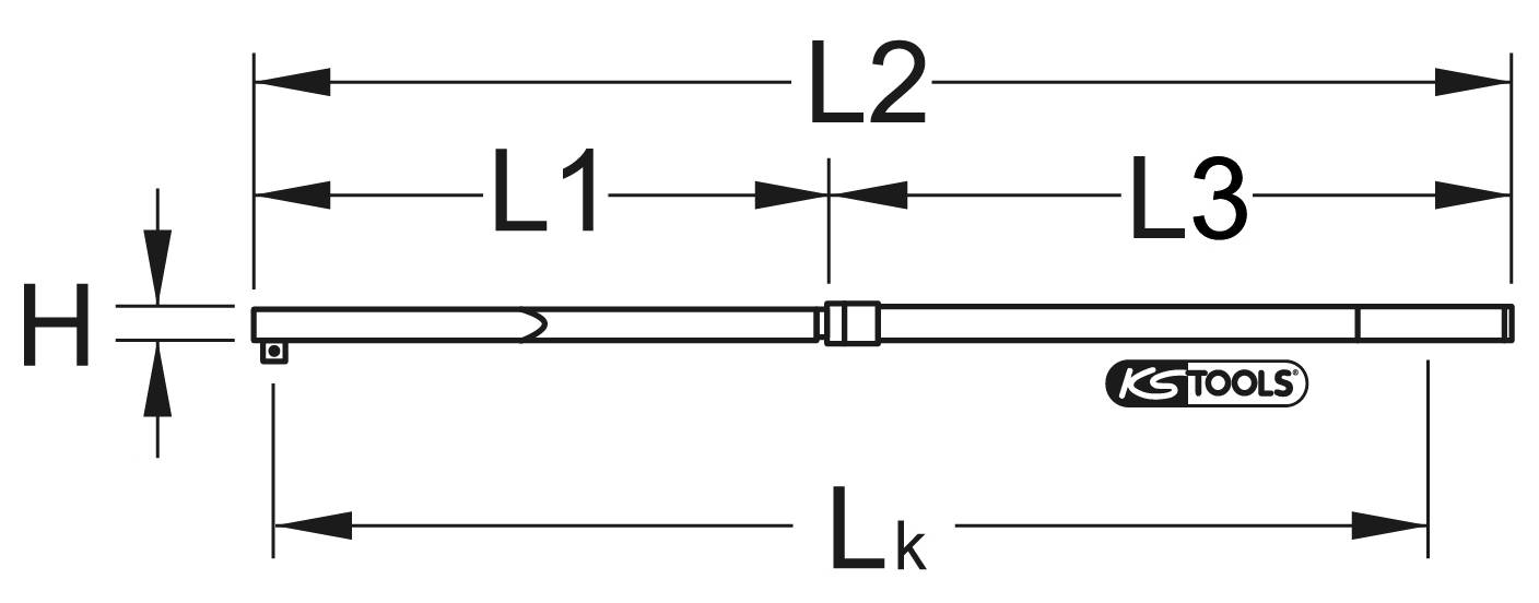 Technische Zeichnung eines Werkzeugs. Zeigt Abmessungen: L1, L2, L3, Lk, H. Markiert als 'KS Tools'. Werkzeug mit teleskopischer Funktion.