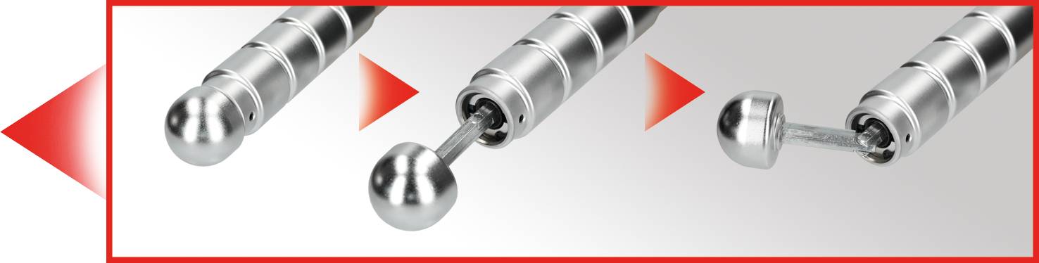 Teleskop-Zylinder-Stangen: Linke Stange mit Abdeckung, mittlere Stange zeigt Montage, rechte zeigt abgenommenes Endteil.