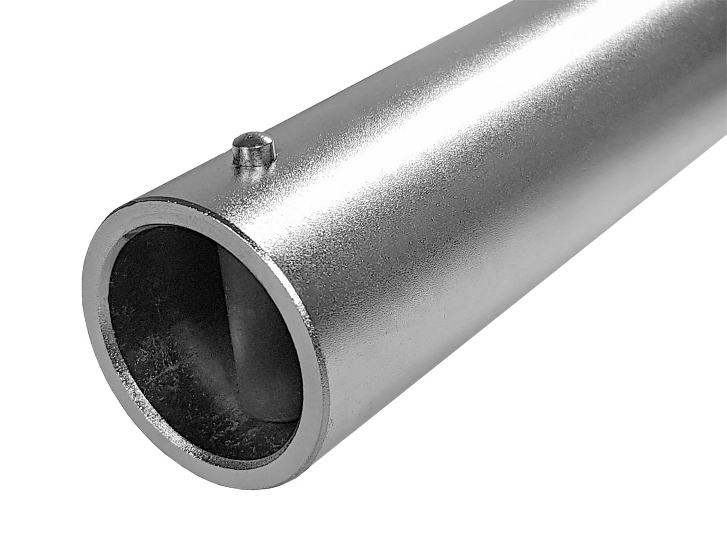 Silbernes Metallrohr, schräg fotografiert, zeigt glatte Oberfläche mit einer kleinen Schraube oben.