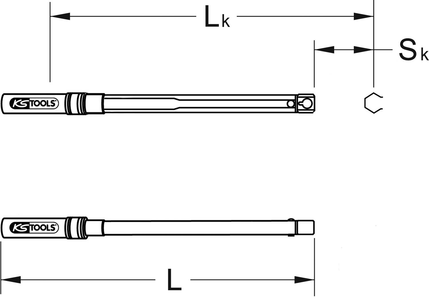 Diagramm einer Verlängerung von KS Tools mit zwei Ansichten. Angaben zur Länge L und Lk sowie Breite Sk sind eingezeichnet.