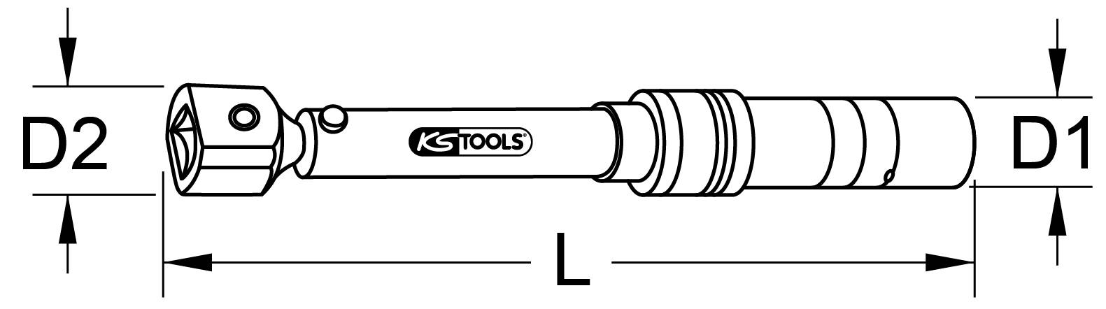 Ein Drehmomentschlüssel, gekennzeichnet mit 'KS TOOLS'. Die Abmessungen sind mit 'D1', 'D2' und 'L' angegeben.
