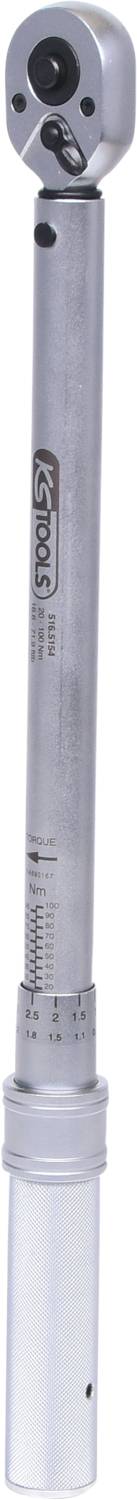 Ein silberner Drehmomentschlüssel mit Skala, verwendet zum Anziehen von Schrauben mit spezifischem Drehmoment.