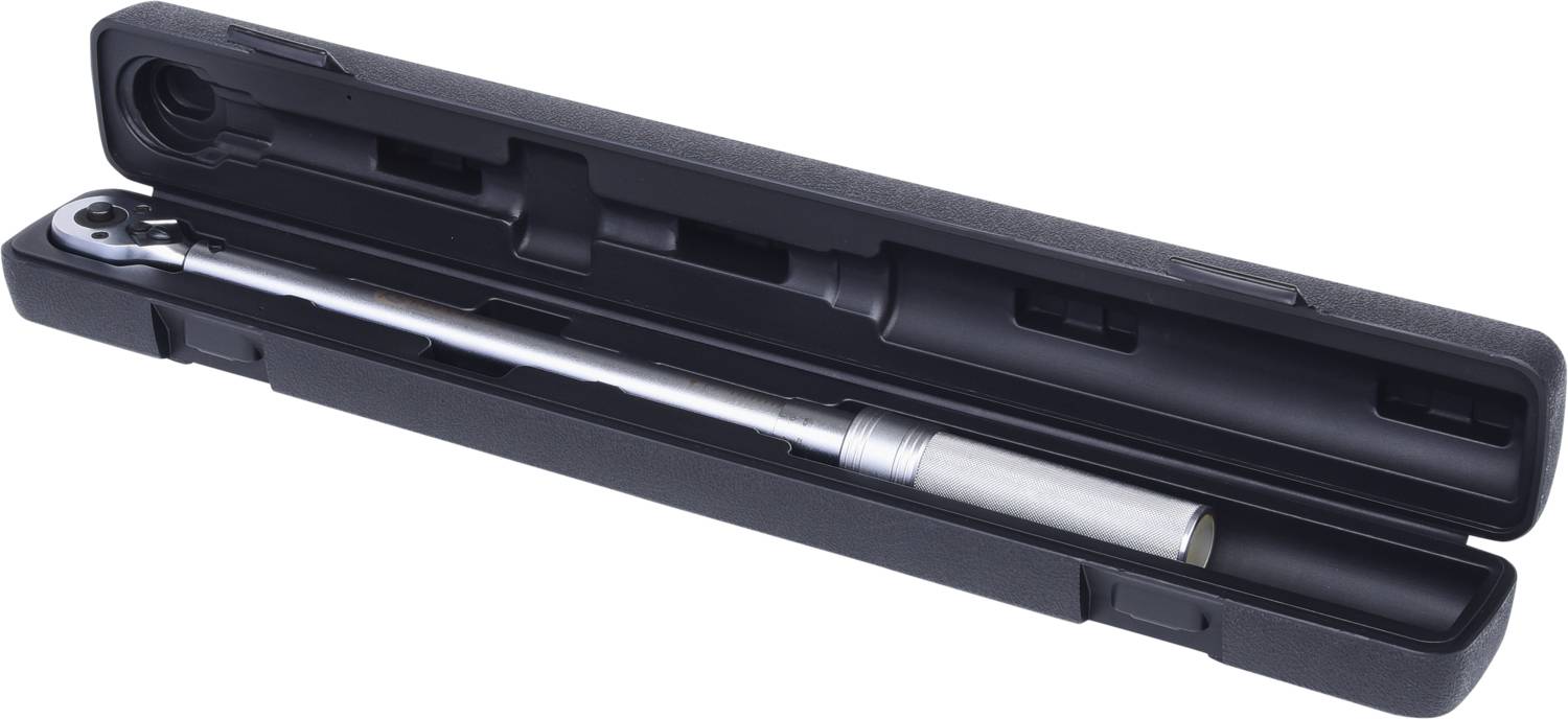 Drehmomentschlüssel in einem schwarzen Kunststoffgehäuse, geöffnet, zeigt das Werkzeug in seiner Halterung.