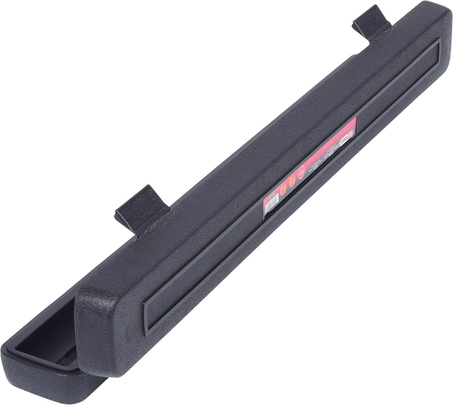 Ein schwarzes, rechteckiges Werkzeugteil mit einem schmalen, länglichen Design. Zwei Befestigungsklammern sichtbar.