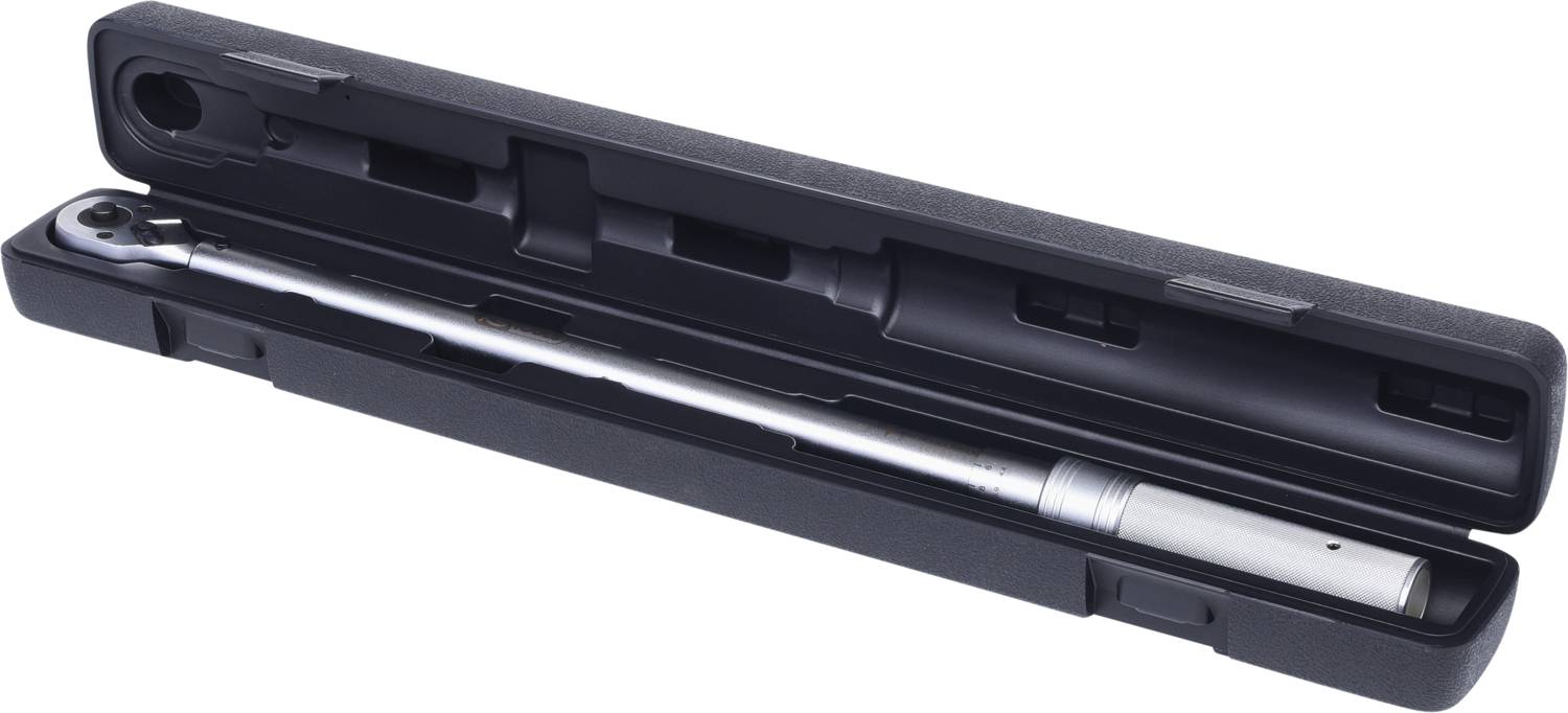 Drehmomentschlüssel in einem offenen, schwarzen Kunststoffetui. Das Werkzeug hat einen langen, silbernen Griff.