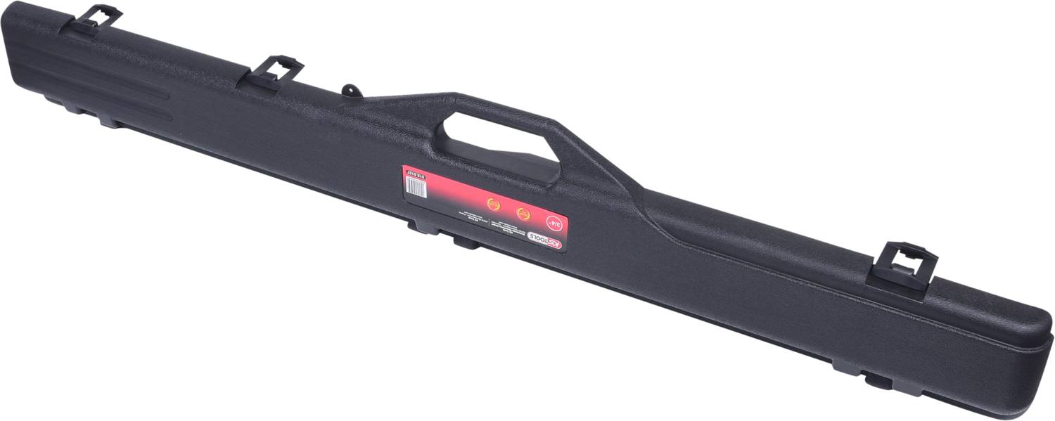 Langer schwarzer Gitarrenkoffer mit Griff und Verschlussriegeln, geeignet zum Schutz und Transport von Musikinstrumenten.