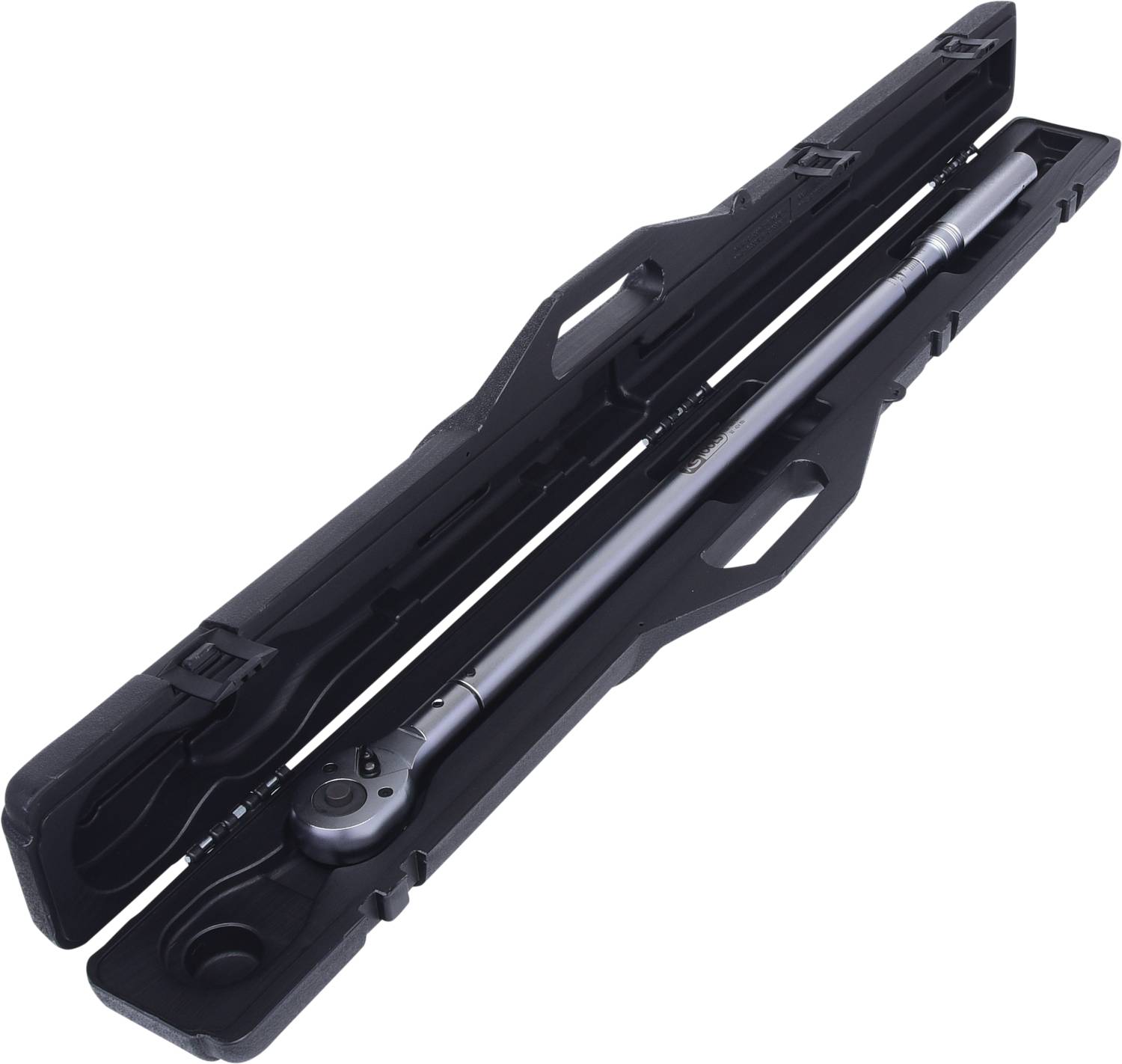 Drehmomentschlüssel in einem schwarzen Etui, geöffnet. Das Werkzeug ist lang und aus Metall, geeignet zum präzisen Anziehen von Schrauben.