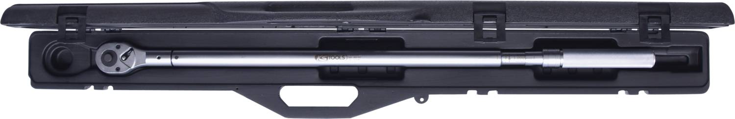 Drehmomentschlüssel in einem offenen schwarzen Kunststoffkoffer, sichtbar von oben.