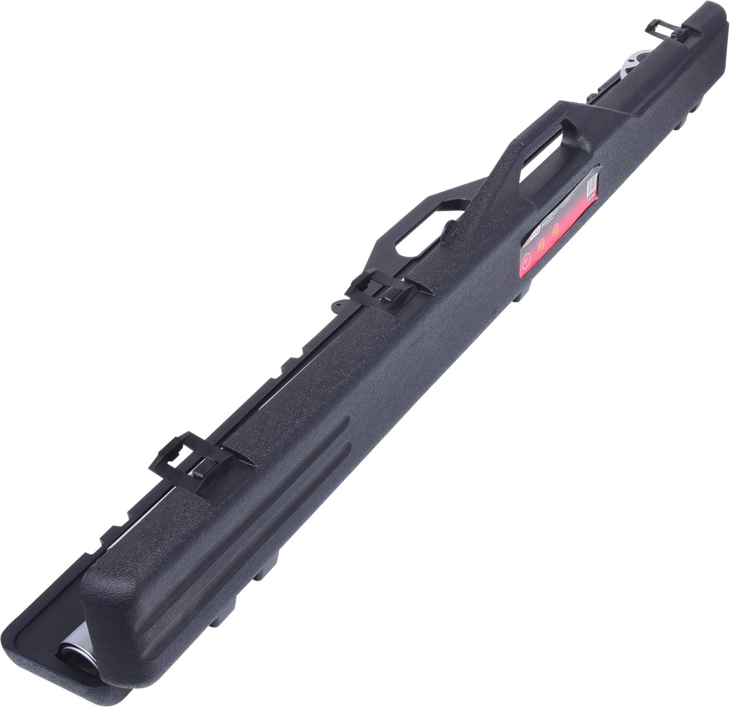 Ein langer schwarzer Koffert mit Griffen und Verschlüssen, möglicherweise für den Transport von Ausrüstungsgegenständen.