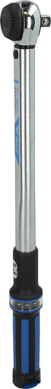 Drehmomentschlüssel mit verstellbarem Kopf, silber-blaues Design, ergonomischer Griff, angezeigt für präzises Anziehen von Schrauben.