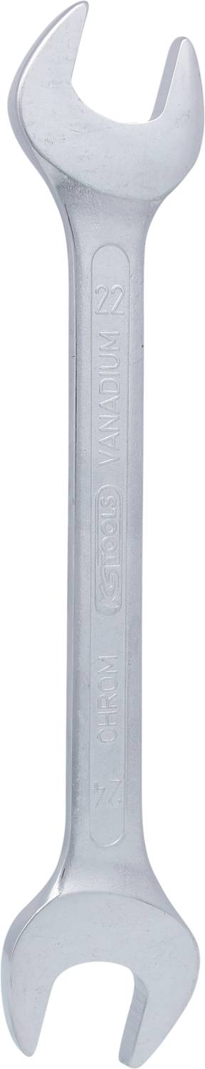 Ein silberner Schraubenschlüssel mit offenen Enden in unterschiedlichen Größen, typisch für Reparaturarbeiten verwendet.