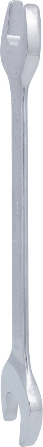 Silberner Schraubenschlüssel mit offenem Maul an beiden Enden.