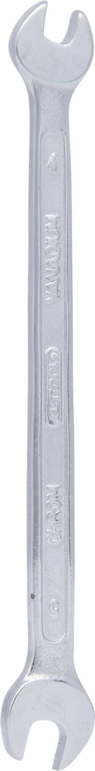 Ein silberner Doppelseitenschlüssel mit verschiedenen Größen an jedem Ende. Geeignet zum Anziehen oder Lösen von Schrauben oder Muttern.