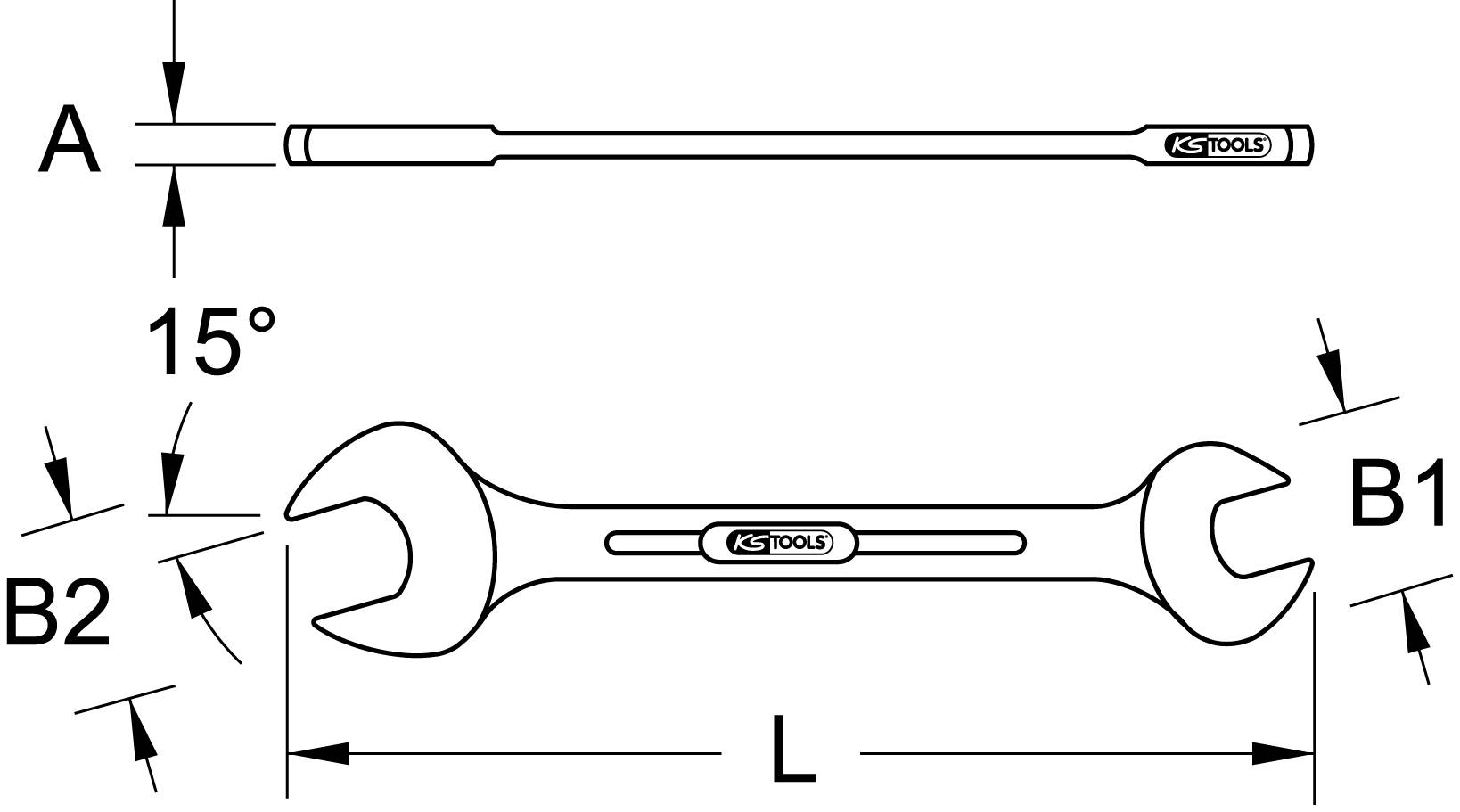 Ein Schraubenschlüssel mit Maßen A, B1, B2 und L; Biegung von 15° dargestellt. Markiert mit 'KS Tools'.
