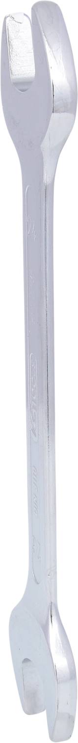 Ein silberner Doppelmaulschlüssel mit zwei unterschiedlich großen Öffnungen an jedem Ende zur Verwendung bei verschiedenen Schraubengrößen.