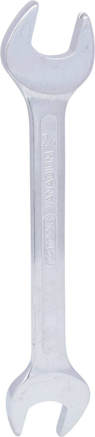 Schraubenschlüssel aus Metall mit offenem Ende an beiden Seiten auf weißem Hintergrund. Geeignet zur Befestigung von Schrauben und Muttern.