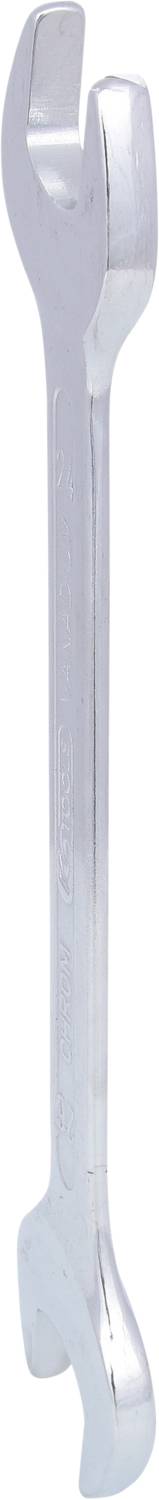 Ein silberner Gabelschlüssel mit zwei Enden in unterschiedlichen Größen, vertikal positioniert auf weißem Hintergrund.