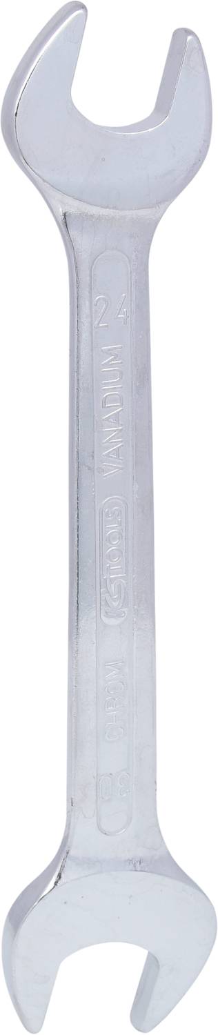 Ein silberner Gabelschlüssel mit offener Maulform, geeignet zum Anziehen oder Lösen von Schrauben und Muttern.