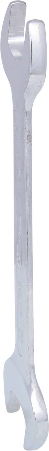 Ein silberner Gabelschlüssel mit offener und geschlossener Seite, zur Verwendung bei verschiedenen Schraubengrößen.
