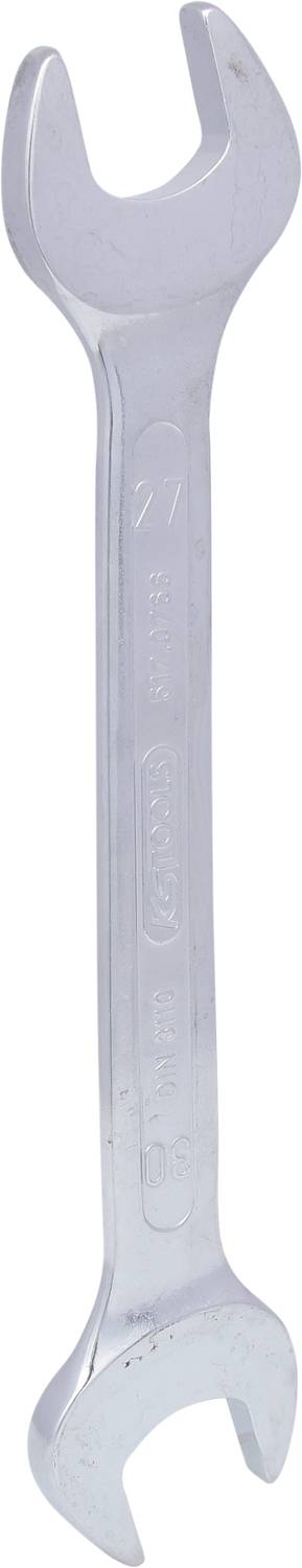 Abgebildet ist ein silberner Gabelschlüssel mit einer Öffnung an jedem Ende, verwendet zum Festziehen oder Lösen von Muttern und Schrauben.