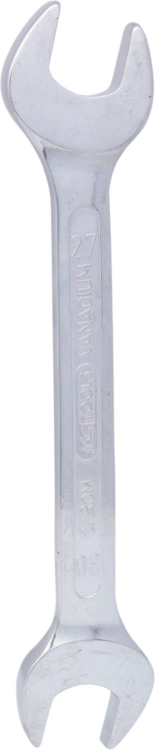 Silberner Gabelschlüssel mit geöffnetem Maul an beiden Enden, verwendet zum Festziehen oder Lösen von Schrauben und Muttern.