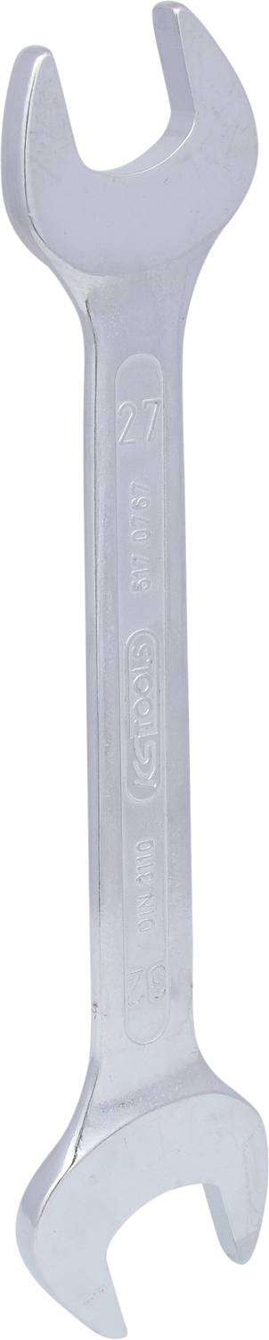 Ein silberfarbener Schraubenschlüssel mit offenem Maul, geeignet für verschiedene Größen von Schrauben und Muttern.