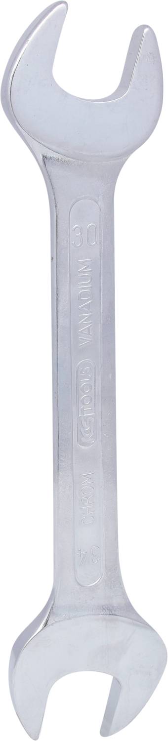 Schraubenschlüssel aus Metall mit zwei unterschiedlichen Maulgrößen an den Enden, verwendet zum Anziehen von Muttern oder Schrauben.