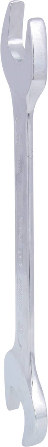 Ein silberner Schraubenschlüssel mit offenem Maul, vertikal ausgerichtet.