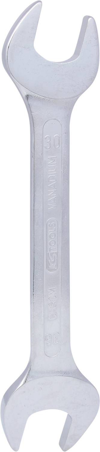 Ein silberner Schraubenschlüssel mit zwei unterschiedlich großen Maulöffnungen wird gezeigt.