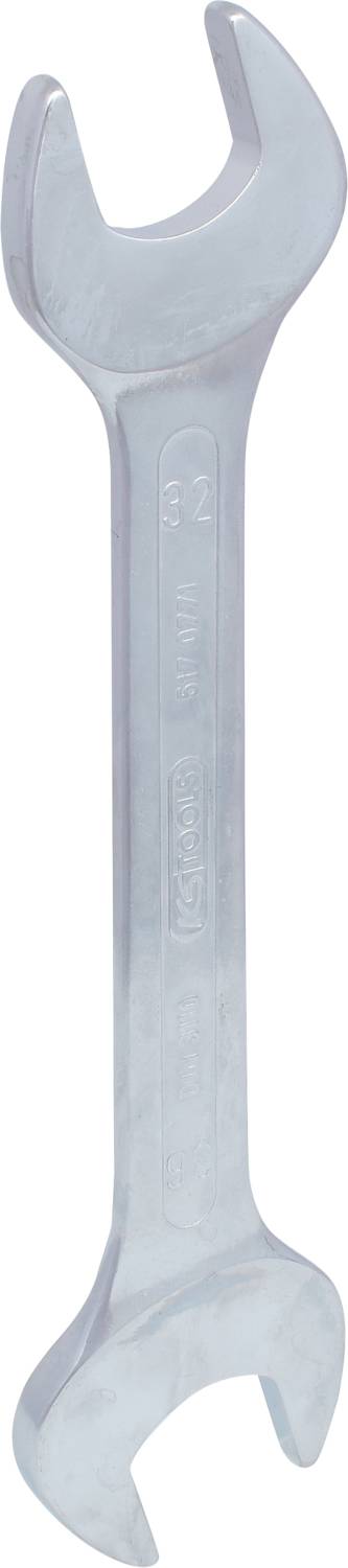 Ein silberner Schraubenschlüssel mit zwei unterschiedlich großen offenen Enden.