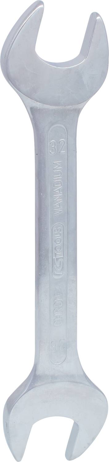 Ein einzelner silberner Schraubenschlüssel mit offenen Maulenden wird gezeigt.