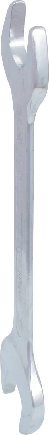 Ein silberner Doppelmaulschlüssel mit offenen Enden unterschiedlicher Größe zum Festziehen oder Lösen von Muttern und Schrauben.