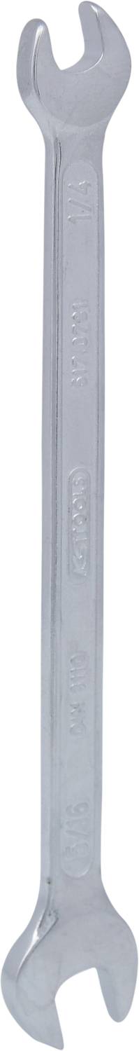 Ein silberner Maulschlüssel mit zwei offenen Enden unterschiedlicher Größe, geeignet zum Anziehen oder Lösen von Schrauben und Muttern.