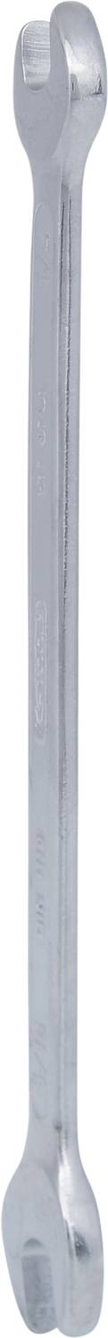 Ein silberfarbener, doppelseitiger Schraubenschlüssel mit offenen Enden, geeignet zum Anziehen oder Lösen von Muttern und Schrauben.