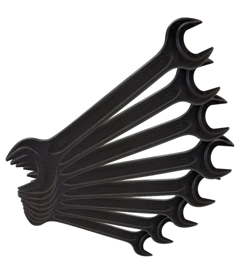 Ein Fächer aus mehreren gestapelten Schraubenschlüsseln in abgestuften Größen, die parallel angeordnet sind.