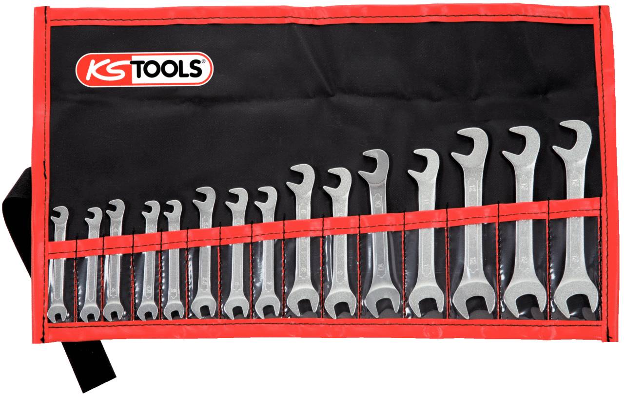 Eine Werkzeugtasche mit dem 'KS Tools'-Logo zeigt eine Reihe von 14 offenen Maulschlüsseln in verschiedenen Größen, geordnet nach Größe.