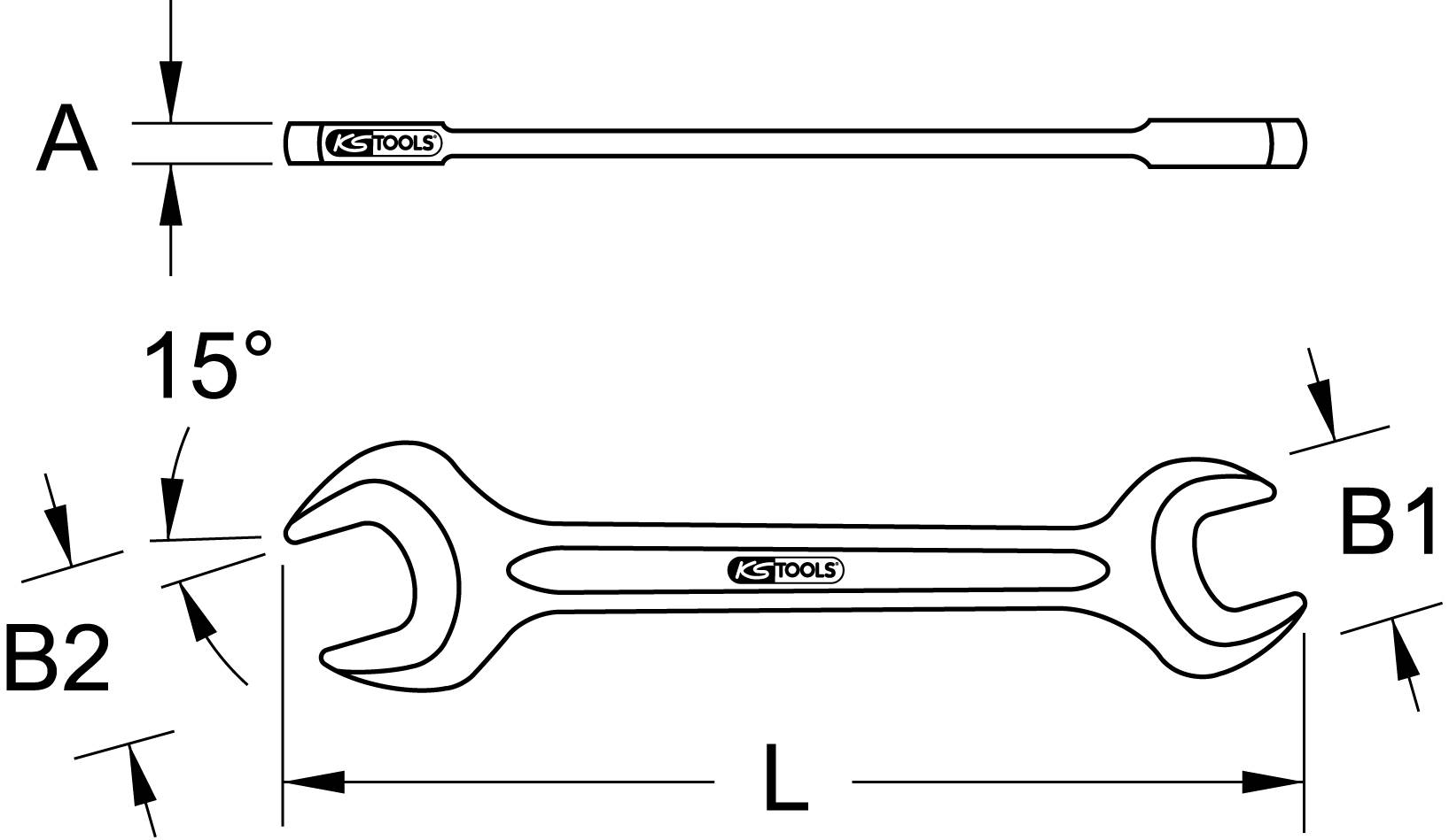 'KS Tools' Schraubenschlüssel: Oben Schraubendreher mit Winkel 15°, unten Doppelmaulschlüssel. Markierungen zeigen Maße A, B1, B2, L.
