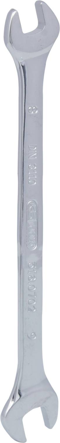 Ein silberner Schraubenschlüssel mit zwei unterschiedlichen offenen Enden, geeignet zum Befestigen und Lösen von Muttern und Schrauben.