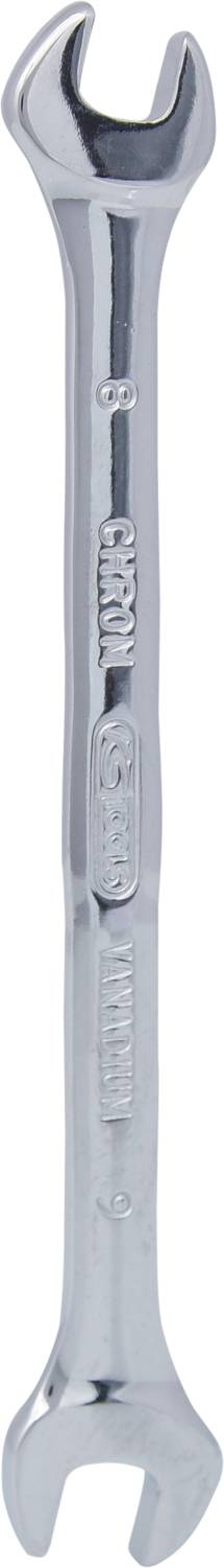 Doppelseitiger Schraubenschlüssel aus Metall in Nahaufnahme, zeigt offene Maulenden zur Befestigung von Schrauben.