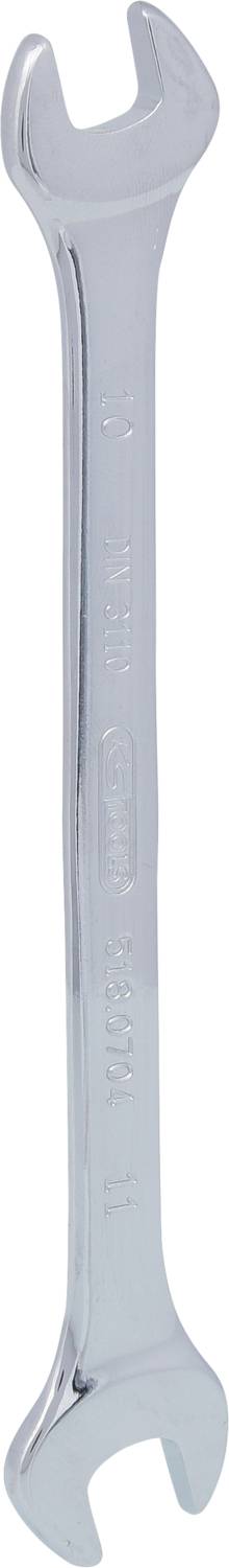 Ein silberner Gabelschlüssel aus Metall, geeignet für verschiedene Schraubengrößen, auf einem neutralen Hintergrund.