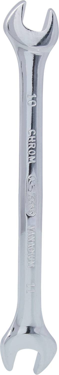 Ein silberner Schraubenschlüssel mit offener Maul- und Ringschlüsselkopf, geeignet zum Festziehen oder Lösen von Schrauben und Muttern.