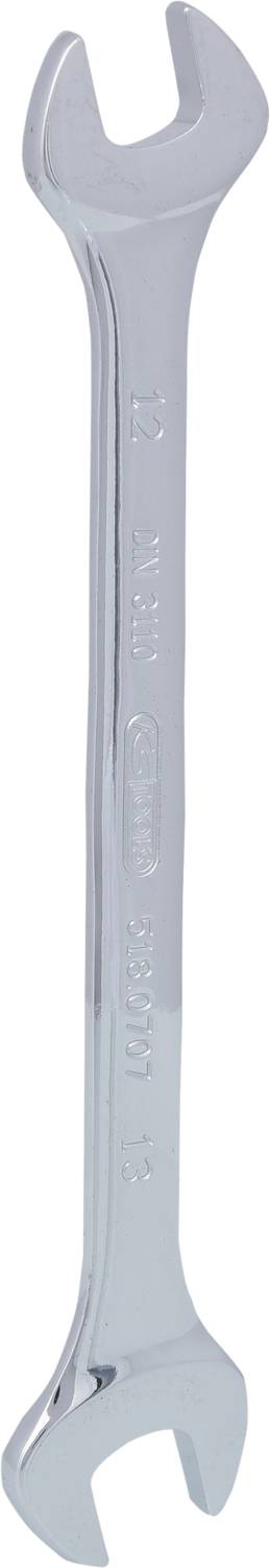 Ein silberner Schraubenschlüssel mit zwei offenen Enden, die sich in der Größe unterscheiden. Geeignet für das Anziehen oder Lösen von Muttern.