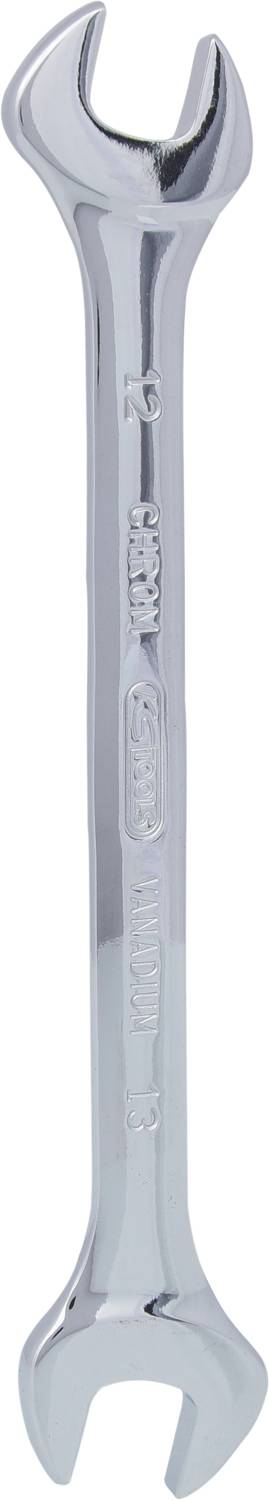 Ein silberner Schraubenschlüssel mit zwei offenen Enden, geeignet für Muttern und Schrauben.