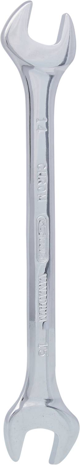 Schraubenschlüssel mit zwei offenen Enden, unterschiedlich groß, aus glänzendem Metall.